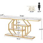 Console 70,9" en similicuir marbre avec cadre en métal et 3 étagères, or / noyer / marron