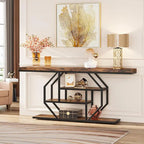 Console 70,9" en similicuir marbre avec cadre en métal et 3 étagères, or / noyer / marron
