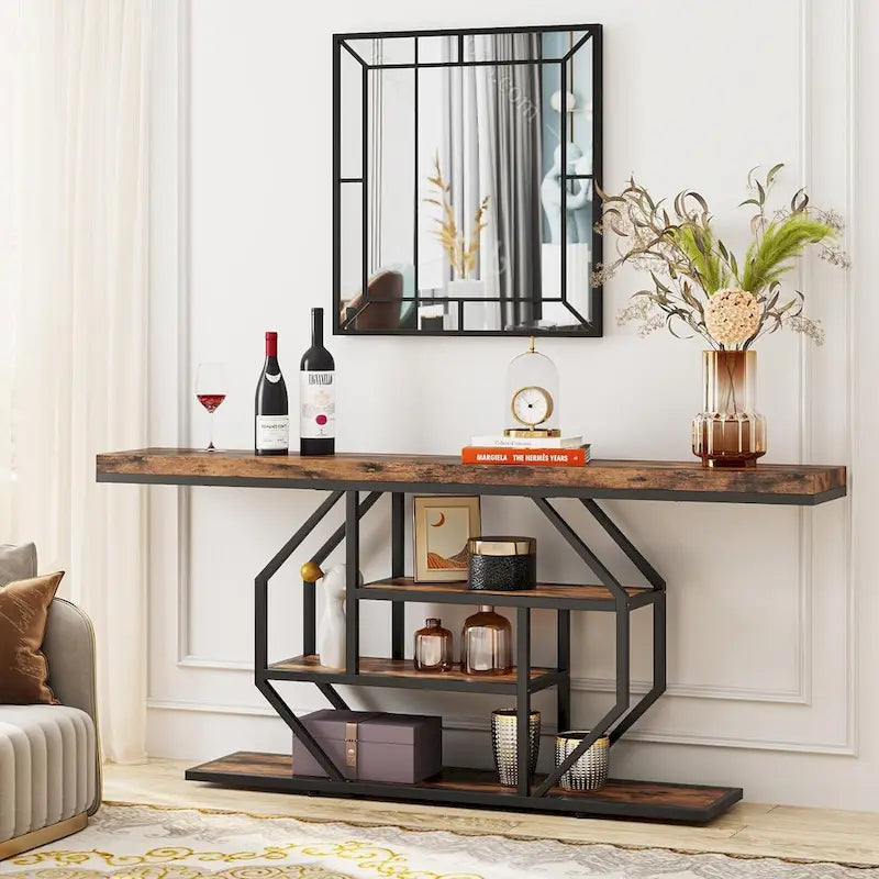 Console 70,9" en similicuir marbre avec cadre en métal et 3 étagères, or / noyer / marron