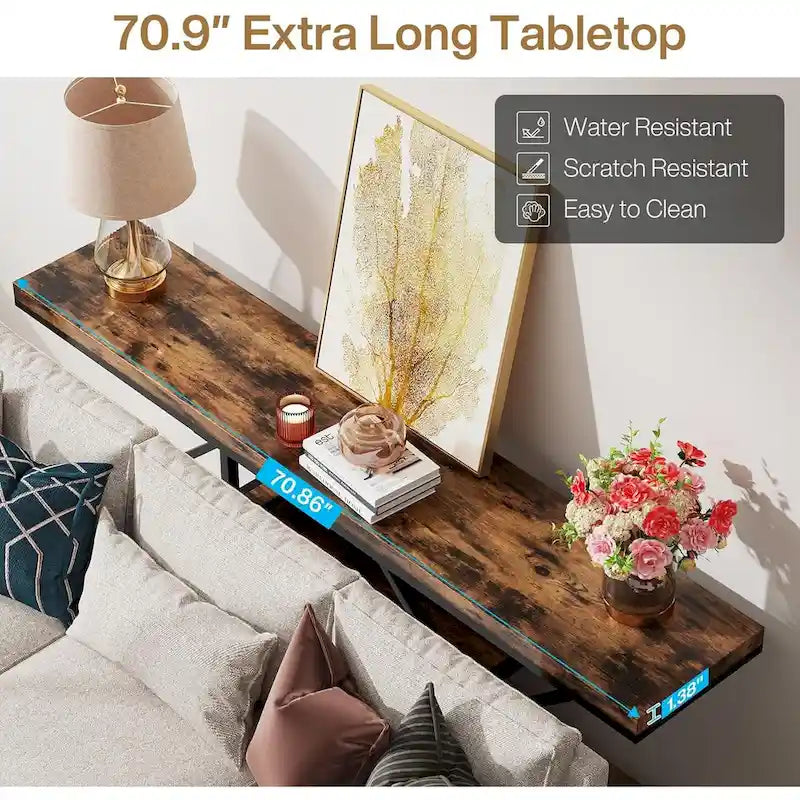 Console 70,9" en similicuir marbre avec cadre en métal et 3 étagères, or / noyer / marron