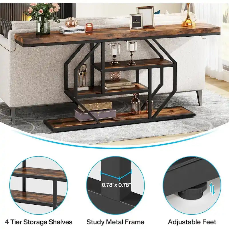 Console 70,9" en similicuir marbre avec cadre en métal et 3 étagères, or / noyer / marron