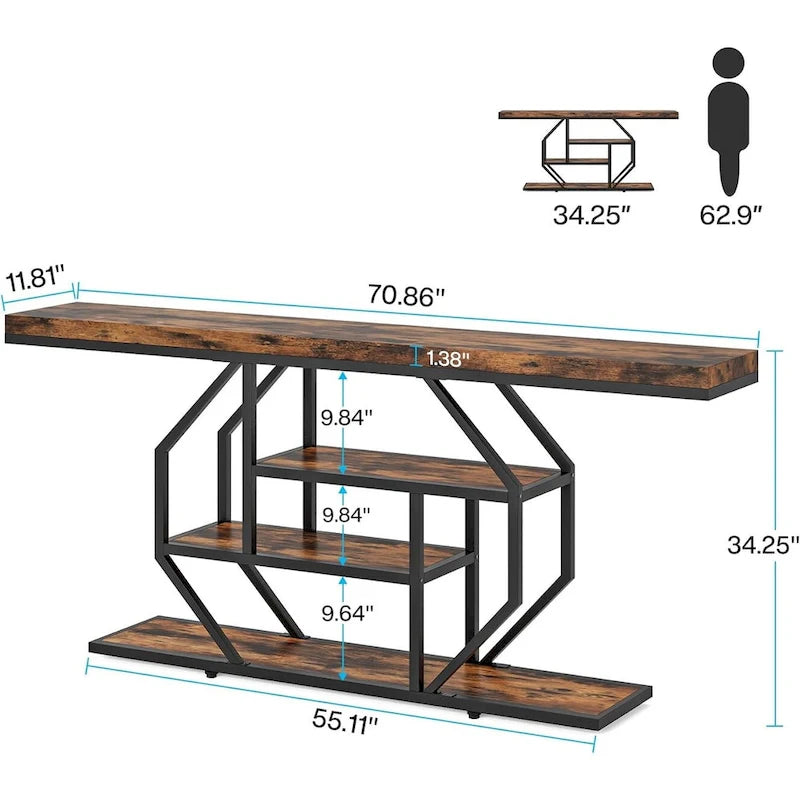 Console 70,9" en similicuir marbre avec cadre en métal et 3 étagères, or / noyer / marron