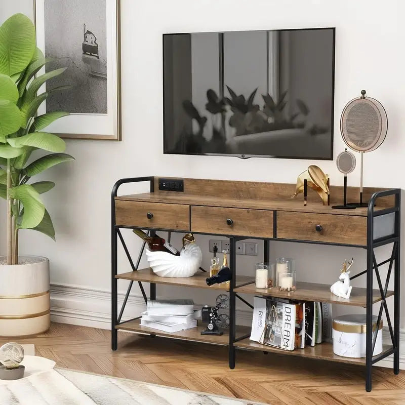 Console d'entrée de ferme avec 3 tiroirs, 2 étagères et station de recharge intégrée, marron/gris