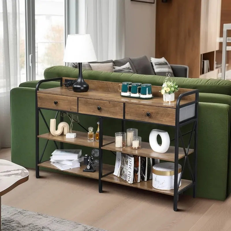Console d'entrée de ferme avec 3 tiroirs, 2 étagères et station de recharge intégrée, marron/gris