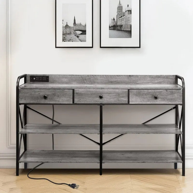 Console d'entrée de ferme avec 3 tiroirs, 2 étagères et station de recharge intégrée, marron/gris