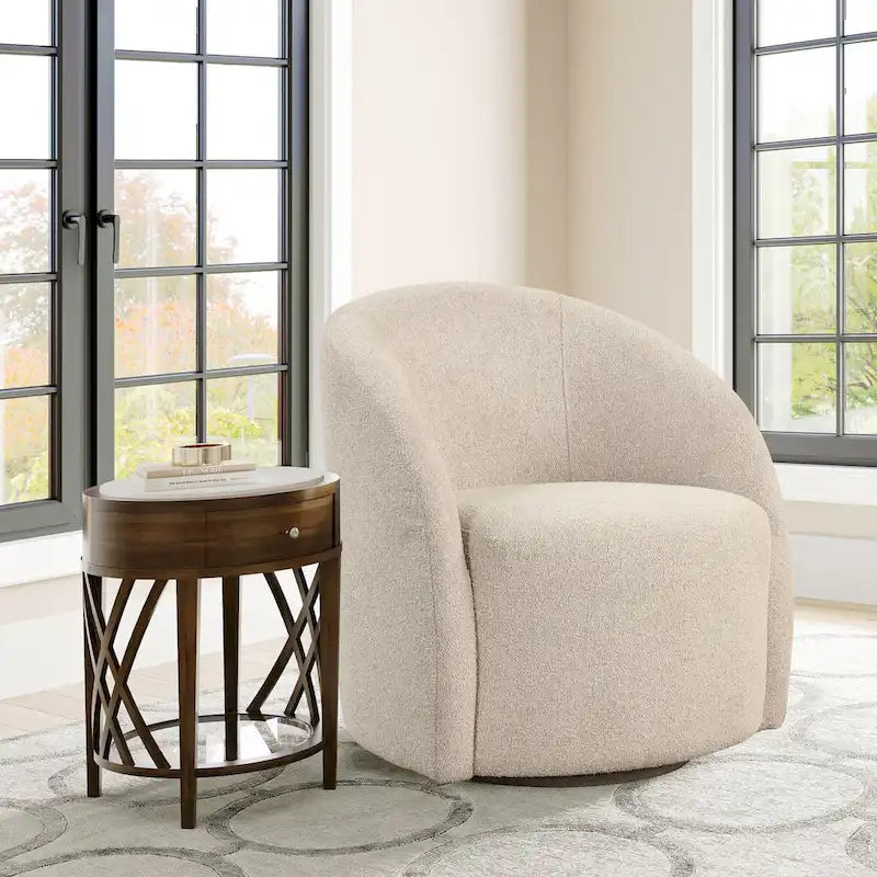 Fauteuil pivotant avec base rembourrée et pieds en bois, Kaki / Vert / Camel