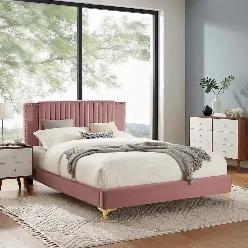Lit plateforme double en velours capitonné avec pieds en métal doré, bleu / anthracite / rose / blanc
