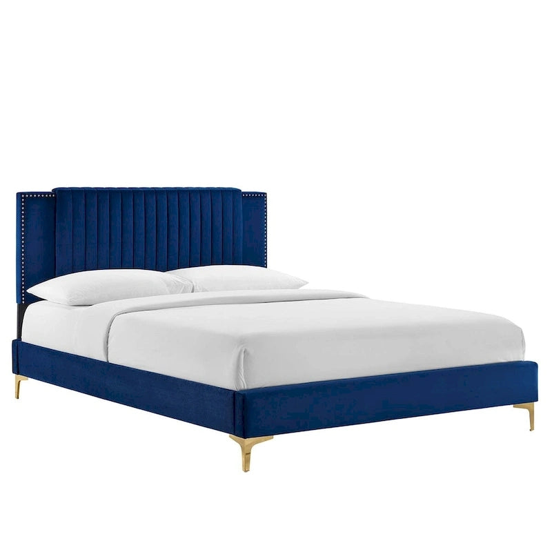 Lit plateforme double en velours capitonné avec pieds en métal doré, bleu / anthracite / rose / blanc