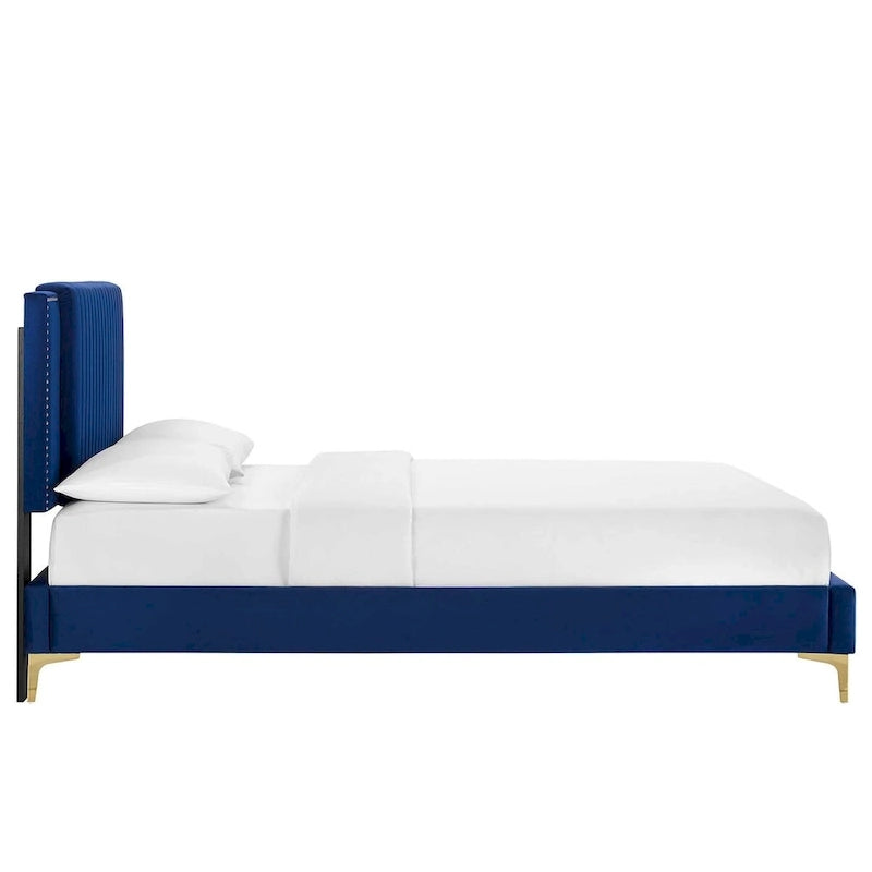 Lit plateforme double en velours capitonné avec pieds en métal doré, bleu / anthracite / rose / blanc