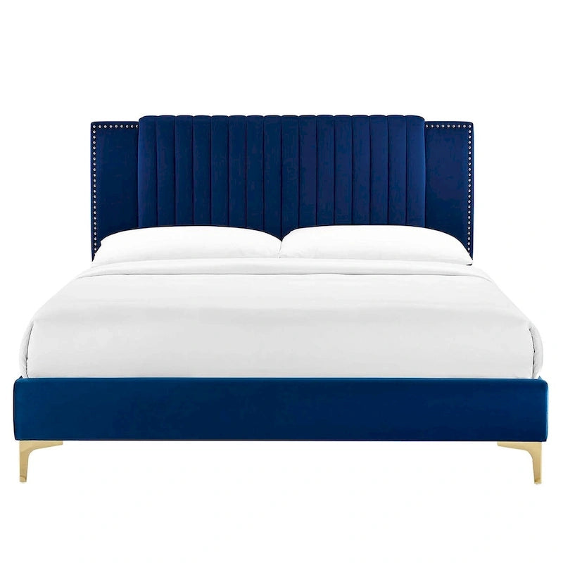 Lit plateforme double en velours capitonné avec pieds en métal doré, bleu / anthracite / rose / blanc