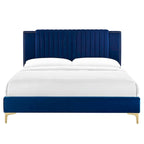 Lit plateforme double en velours capitonné avec pieds en métal doré, bleu / anthracite / rose / blanc