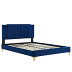 Lit plateforme double en velours capitonné avec pieds en métal doré, bleu / anthracite / rose / blanc