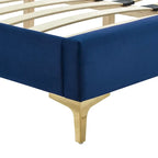 Lit plateforme double en velours capitonné avec pieds en métal doré, bleu / anthracite / rose / blanc