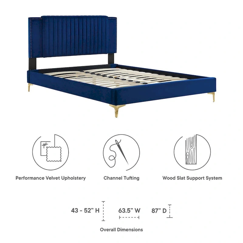 Lit plateforme double en velours capitonné avec pieds en métal doré, bleu / anthracite / rose / blanc