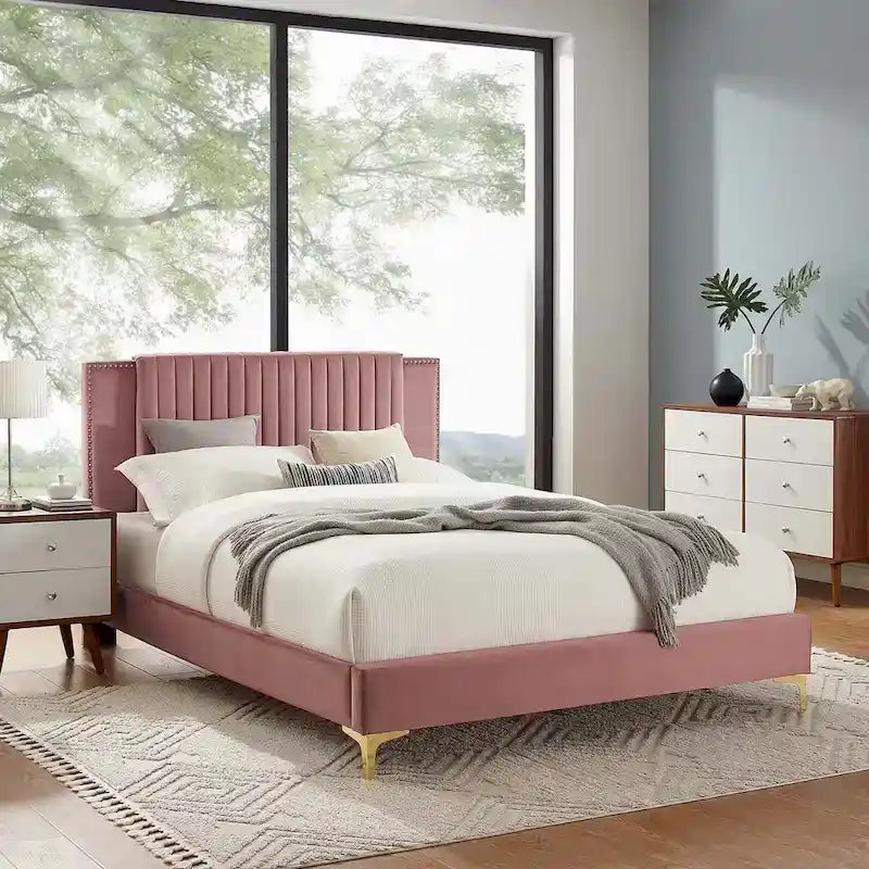 Lit plateforme double en velours capitonné avec pieds en métal doré, bleu / anthracite / rose / blanc