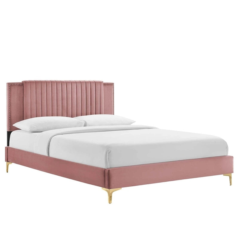 Lit plateforme double en velours capitonné avec pieds en métal doré, bleu / anthracite / rose / blanc