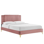 Lit plateforme double en velours capitonné avec pieds en métal doré, bleu / anthracite / rose / blanc