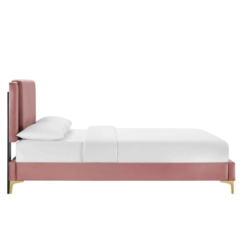 Lit plateforme double en velours capitonné avec pieds en métal doré, bleu / anthracite / rose / blanc