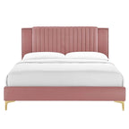 Lit plateforme double en velours capitonné avec pieds en métal doré, bleu / anthracite / rose / blanc