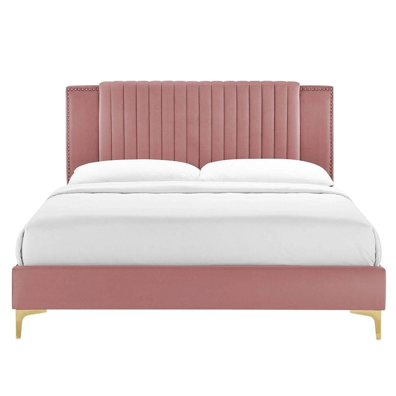 Lit plateforme double en velours capitonné avec pieds en métal doré, bleu / anthracite / rose / blanc