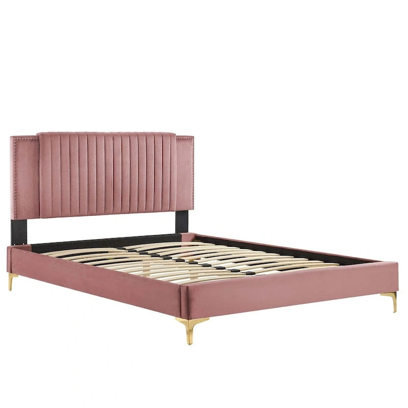 Lit plateforme double en velours capitonné avec pieds en métal doré, bleu / anthracite / rose / blanc