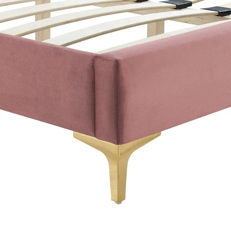 Lit plateforme double en velours capitonné avec pieds en métal doré, bleu / anthracite / rose / blanc