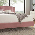 Lit plateforme double en velours capitonné avec pieds en métal doré, bleu / anthracite / rose / blanc