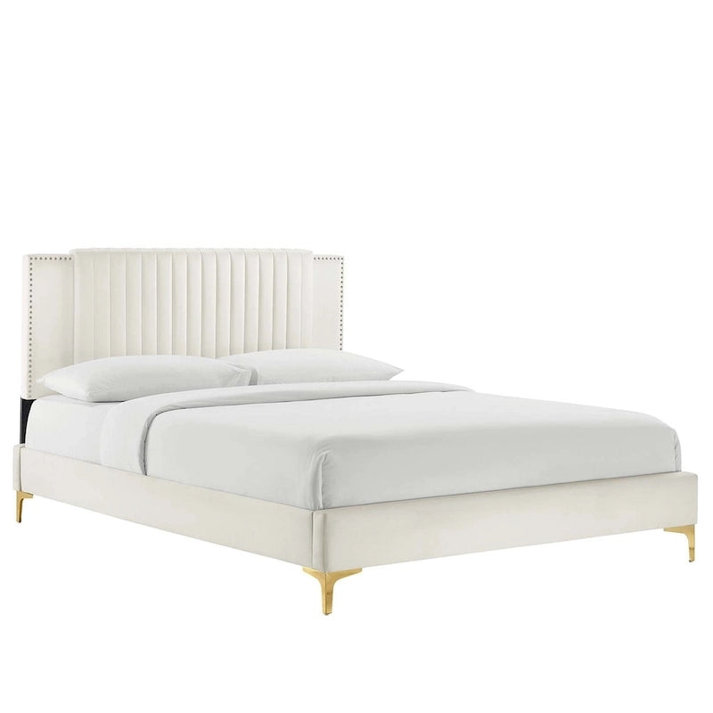 Lit plateforme double en velours capitonné avec pieds en métal doré, bleu / anthracite / rose / blanc