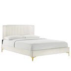 Lit plateforme double en velours capitonné avec pieds en métal doré, bleu / anthracite / rose / blanc