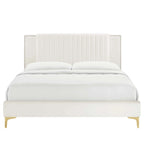 Lit plateforme double en velours capitonné avec pieds en métal doré, bleu / anthracite / rose / blanc