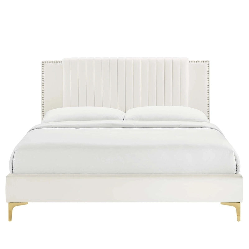Lit plateforme double en velours capitonné avec pieds en métal doré, bleu / anthracite / rose / blanc