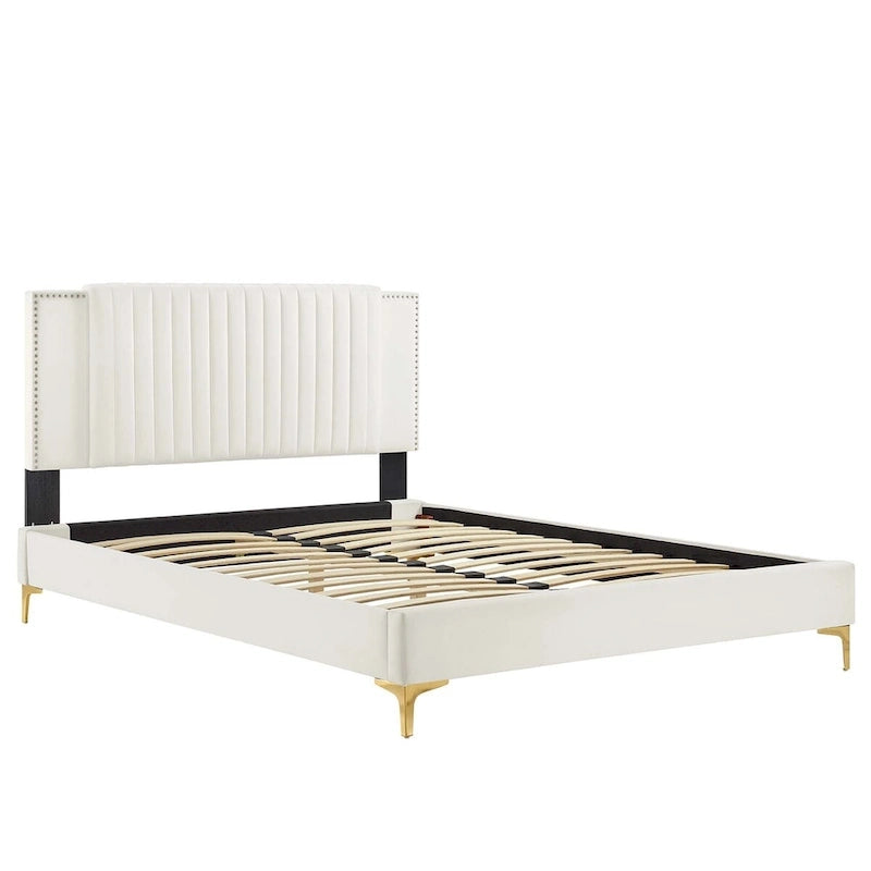 Lit plateforme double en velours capitonné avec pieds en métal doré, bleu / anthracite / rose / blanc