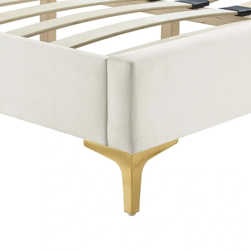Lit plateforme double en velours capitonné avec pieds en métal doré, bleu / anthracite / rose / blanc
