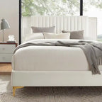 Lit plateforme double en velours capitonné avec pieds en métal doré, bleu / anthracite / rose / blanc