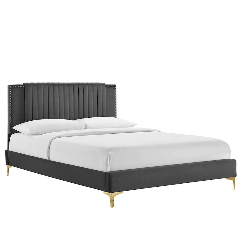 Lit plateforme double en velours capitonné avec pieds en métal doré, bleu / anthracite / rose / blanc