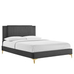 Lit plateforme double en velours capitonné avec pieds en métal doré, bleu / anthracite / rose / blanc