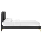 Lit plateforme double en velours capitonné avec pieds en métal doré, bleu / anthracite / rose / blanc