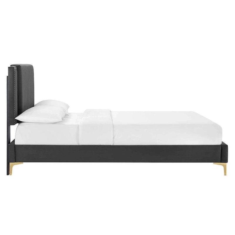 Lit plateforme double en velours capitonné avec pieds en métal doré, bleu / anthracite / rose / blanc