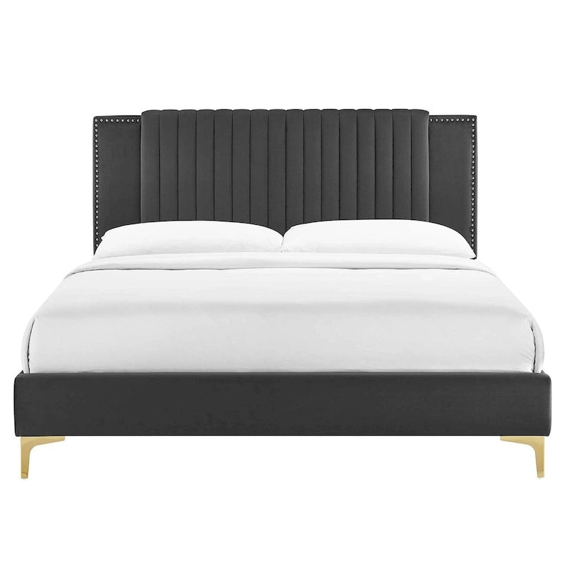 Lit plateforme double en velours capitonné avec pieds en métal doré, bleu / anthracite / rose / blanc