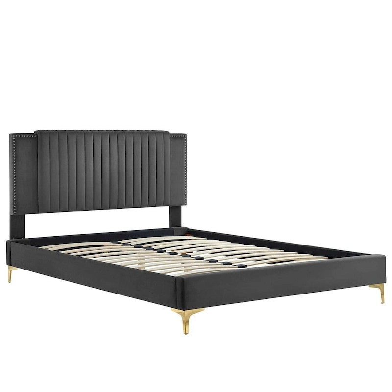 Lit plateforme double en velours capitonné avec pieds en métal doré, bleu / anthracite / rose / blanc