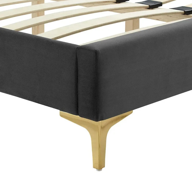 Lit plateforme double en velours capitonné avec pieds en métal doré, bleu / anthracite / rose / blanc