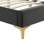 Lit plateforme double en velours capitonné avec pieds en métal doré, bleu / anthracite / rose / blanc