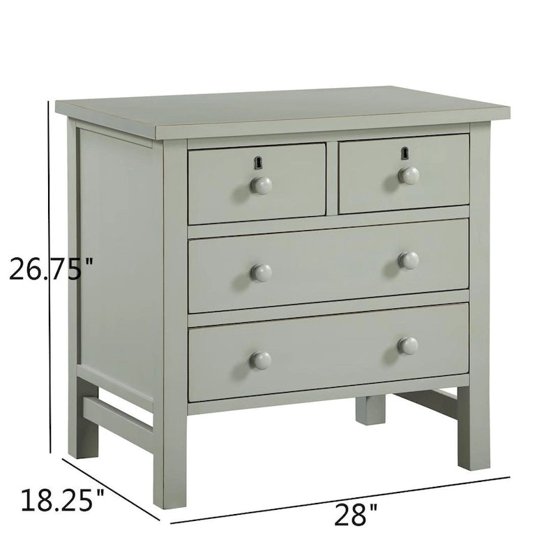 Table de chevet 4 tiroirs aspect vieilli avec assemblage à queue d'aronde, blanc antique / gris antique