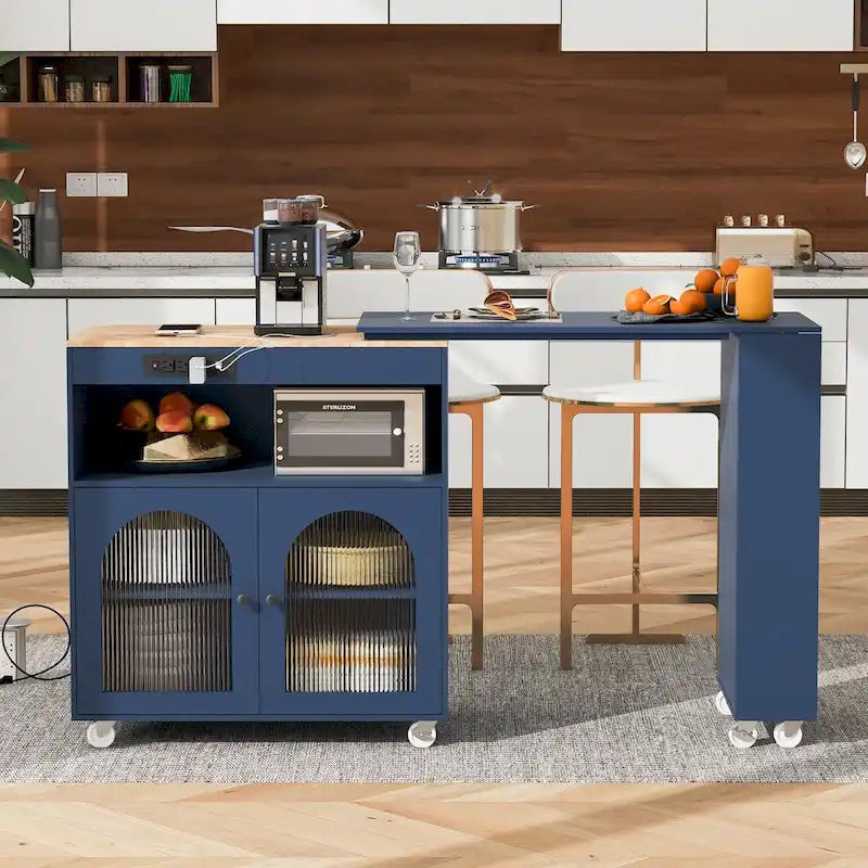 Desserte de cuisine roulante avec abattant, portes en verre cannelé et éclairage LED, Blanc / Bleu Marine / Gris Bleu