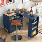 Desserte de cuisine roulante avec abattant, portes en verre cannelé et éclairage LED, Blanc / Bleu Marine / Gris Bleu