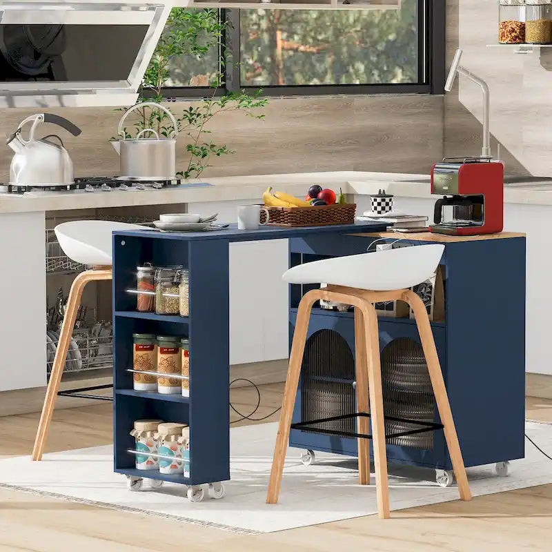 Desserte de cuisine roulante avec abattant, portes en verre cannelé et éclairage LED, Blanc / Bleu Marine / Gris Bleu