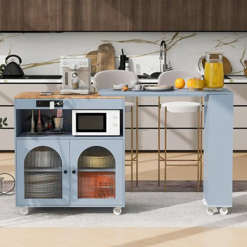 Desserte de cuisine roulante avec abattant, portes en verre cannelé et éclairage LED, Blanc / Bleu Marine / Gris Bleu