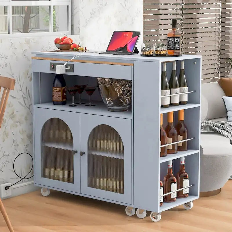 Desserte de cuisine roulante avec abattant, portes en verre cannelé et éclairage LED, Blanc / Bleu Marine / Gris Bleu