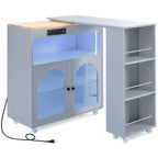 Desserte de cuisine roulante avec abattant, portes en verre cannelé et éclairage LED, Blanc / Bleu Marine / Gris Bleu