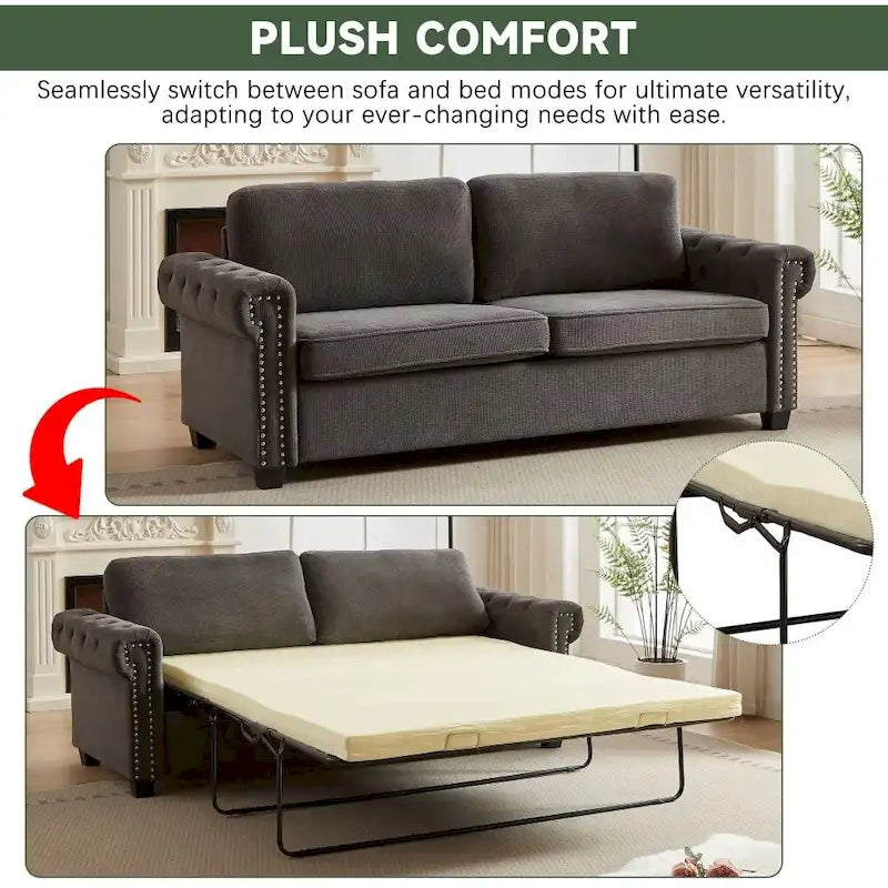 Canapé-lit convertible, polyester, vert / gris / beige, 2 places
